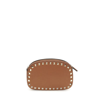 Valentino Garavani Brown Calf Leather Bos Taurus Shoulder Bag with Rockstud design, featuring platinum-finish studs, shown on a plain background.