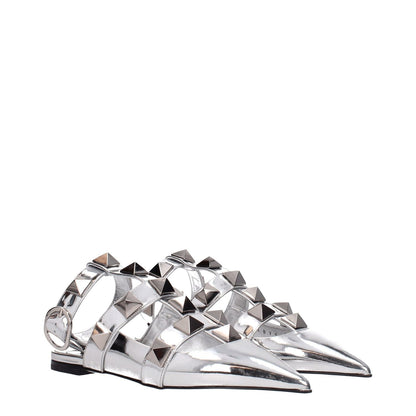 Valentino Garavani Gray Leather Flat Sandals with studs, silver patent leather, pointy toe, low heel, and buckle closure.