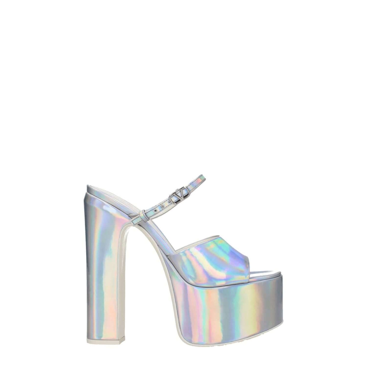 Valentino Garavani Gray Leather Platform Sandals with buckle closure, 15.5 cm high heel, open toe style, metallic effect patent leather.