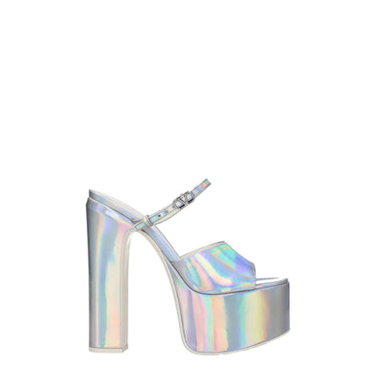 Valentino Garavani Gray Leather Platform Sandals with buckle closure, 15.5 cm high heel, open toe style, metallic effect patent leather.