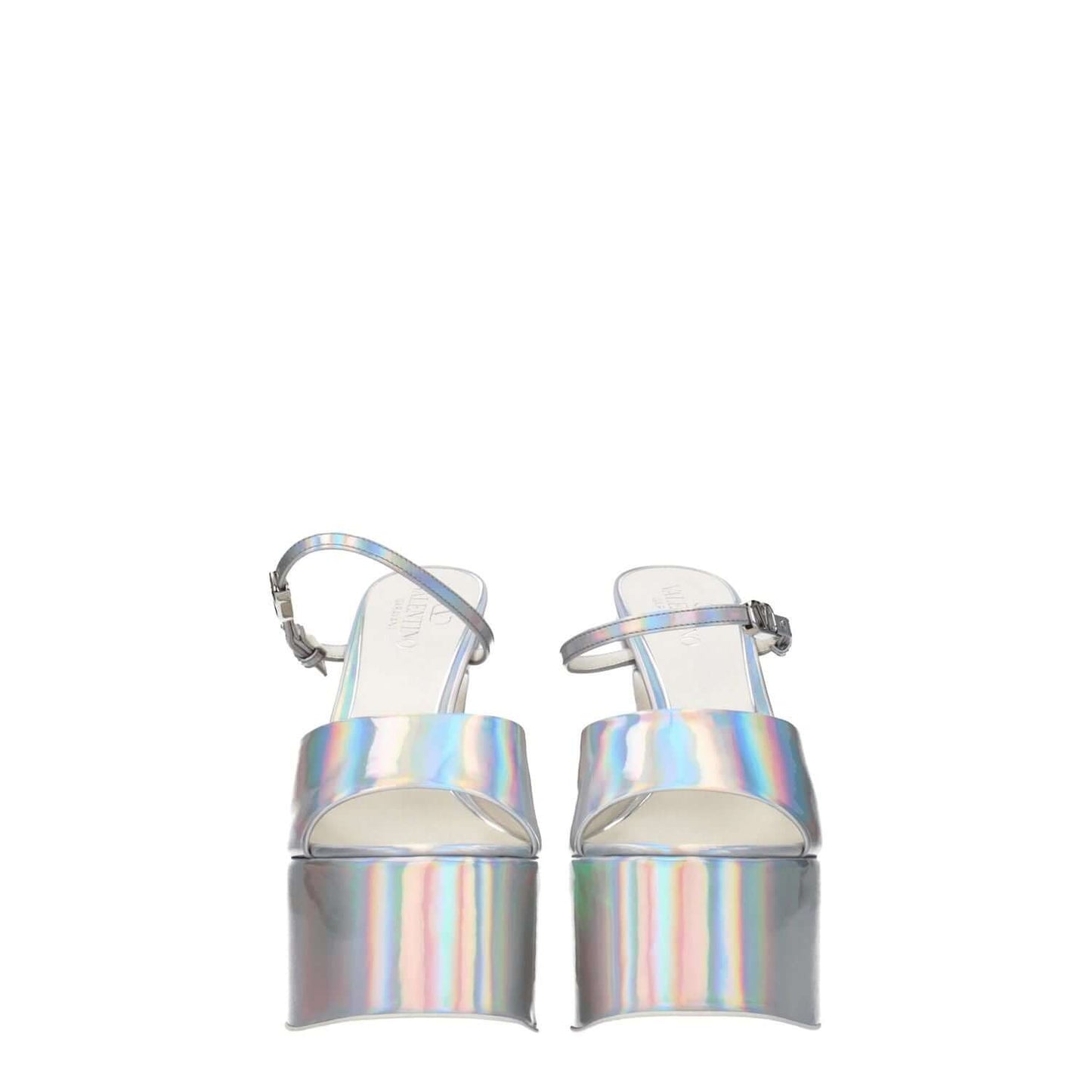 Valentino Garavani Gray Leather Platform Sandals with metallic effect, open toe, high heel, buckle closure, and leather sole.