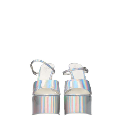 Valentino Garavani Gray Leather Platform Sandals with metallic effect, open toe, high heel, buckle closure, and leather sole.