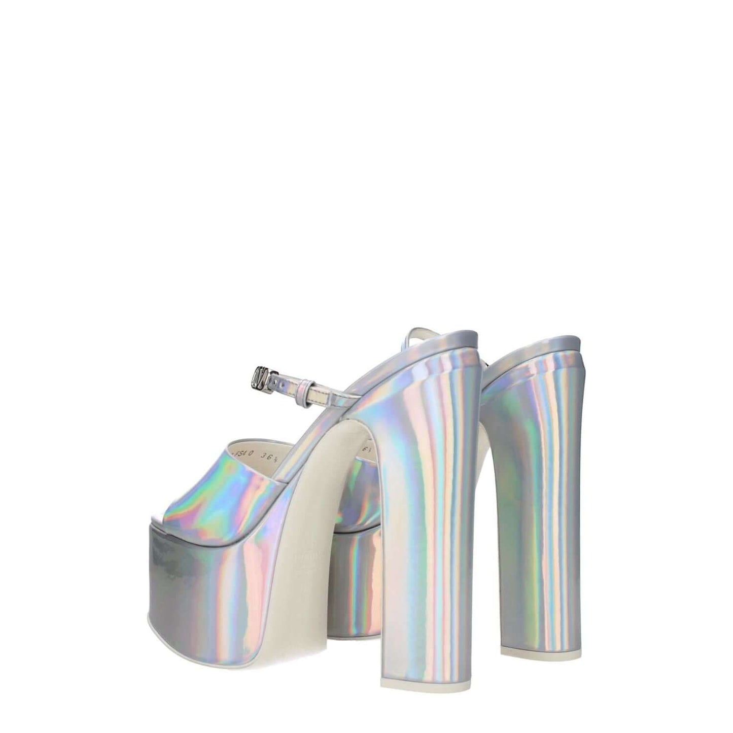 Valentino Garavani Gray Leather Platform Sandals with high heel and buckle closure, featuring metallic patent leather and open toe design.