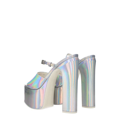 Valentino Garavani Gray Leather Platform Sandals with high heel and buckle closure, featuring metallic patent leather and open toe design.