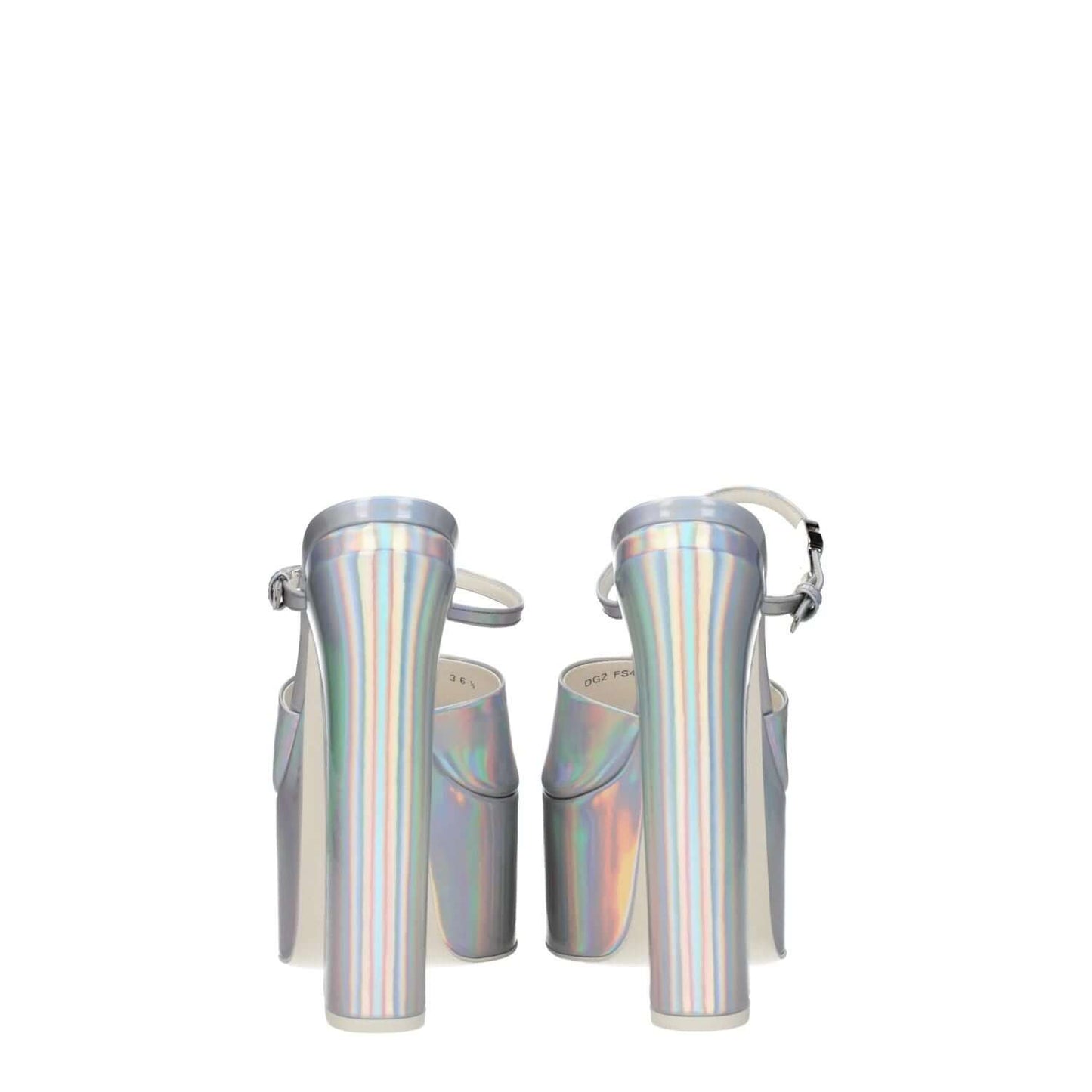 Valentino Garavani Gray Leather Platform Sandals with high heel and buckle closure, metallic effect, open toe, back view.