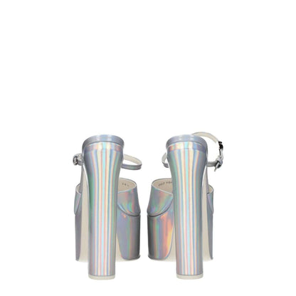 Valentino Garavani Gray Leather Platform Sandals with high heel and buckle closure, metallic effect, open toe, back view.