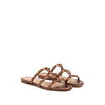 Valentino Garavani Rockstud Low Slide Sandal in Laminated Nappa Leather, brown slip-on with Rockstuds, open toe, and branded insole.