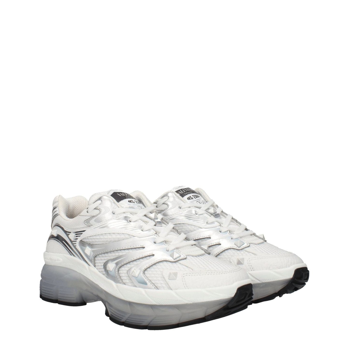 Valentino Garavani White Fabric Athletic Sneakers with studs, silver accents, lace-up closure, rubber sole, and mid heels.