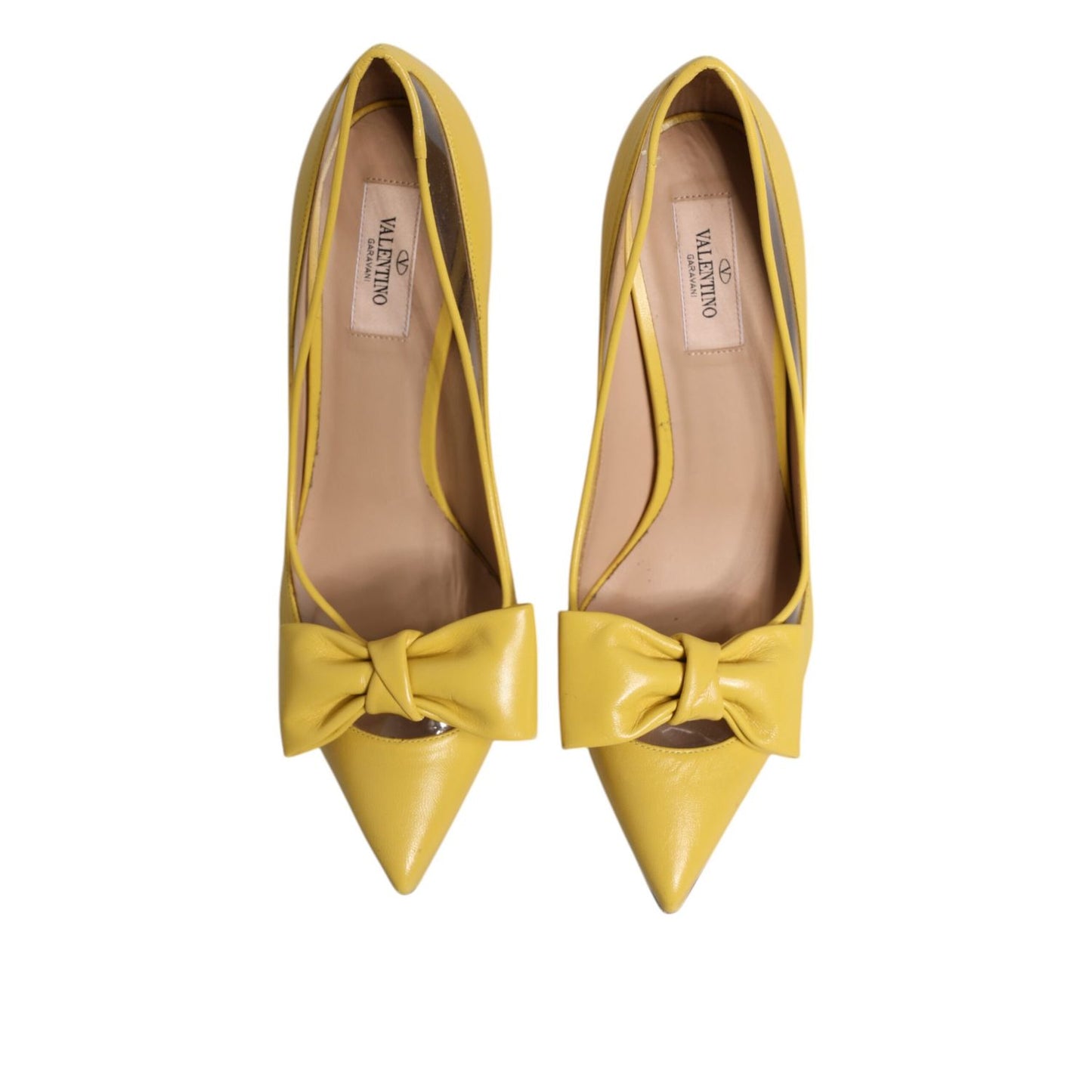 Valentino Yellow Patent Leather PVC Bow Heels Pumps Shoes with pointed toes and bow detail, top view of shoes showing design and craftsmanship.