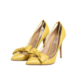 Valentino Yellow Patent Leather PVC Bow Heels Pumps Shoes with pointed toes and stylish bows on vamps.