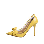 Valentino Yellow Patent Leather PVC Bow Heels Pumps Shoes with pointed toes and stylish bows, featuring leather lined insoles and 11 cm heels.