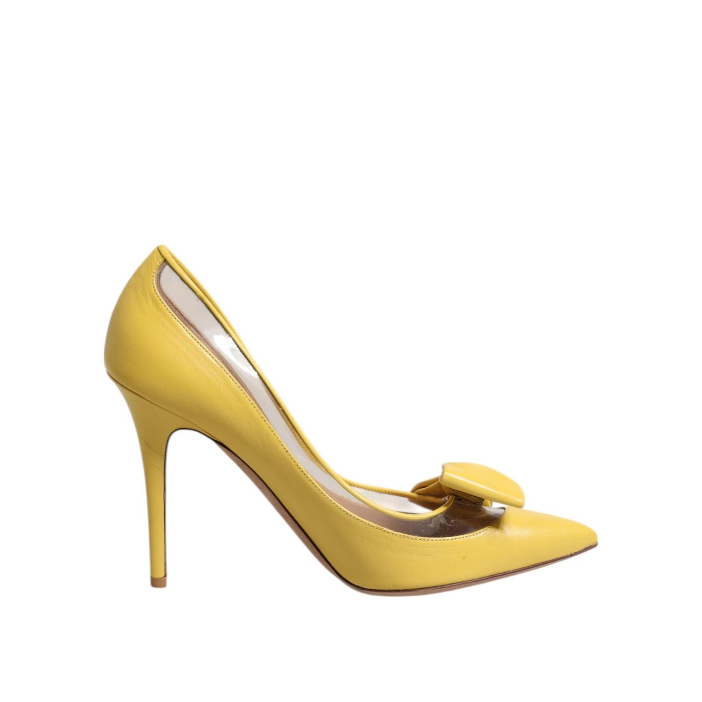 Valentino Yellow Patent Leather PVC Bow Heels Pumps Shoes with pointed toes and stylish bow design