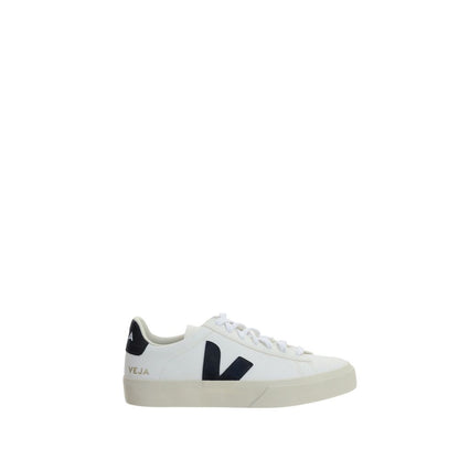 Veja White Calf Leather Bos Taurus Low Top Sneakers with black V logo, round toe, lace-up closure, and contrasting heel detail.