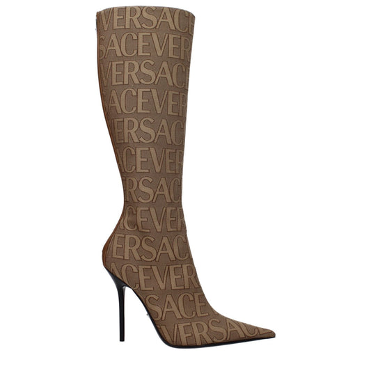 Versace Beige Fabric Boots with logo, high heel, pointy toe, and zip closure on leather sole.