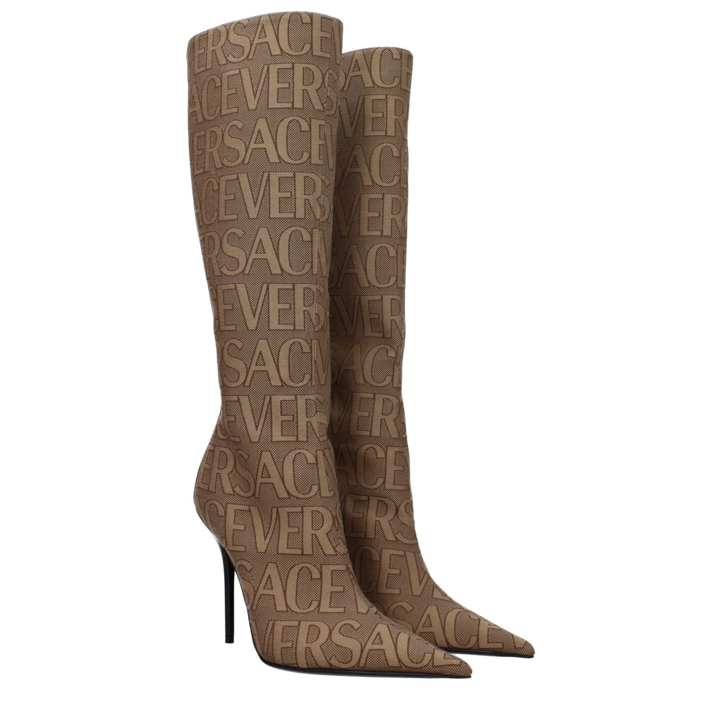 Versace Beige Fabric Boots with high heel, pointy toe, and logo design. Features zip closure, leather sole, 11 cm heel height. Casual style.