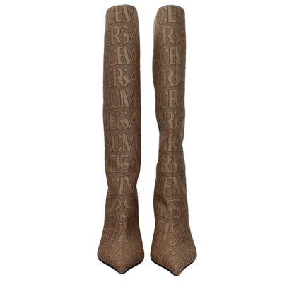 Versace Beige Fabric Boots with logo pattern, zip closure, high heels, pointy toe, made of fabric and leather sole, casual style.