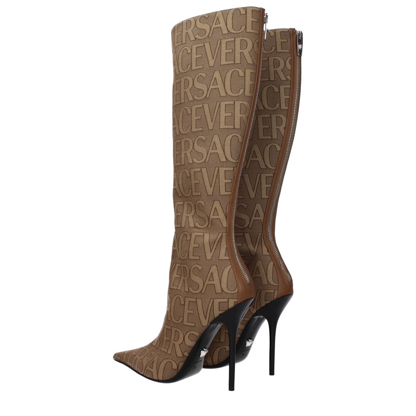 Versace Beige Fabric Boots with logo, zip closure, leather sole, high heel, pointy toe, brown details, MPN 10113981A079772N24P