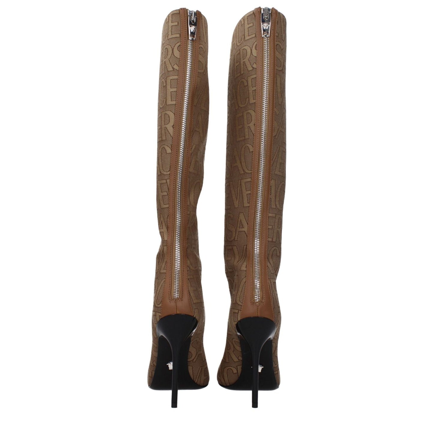 Versace Beige Fabric Boots with zip closure and high heels, logo pattern, brown secondary color, leather sole, and pointy toe.