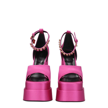Versace Pink Satin Platform Sandals with rhinestone detail, open toe, high heel, buckle closure.