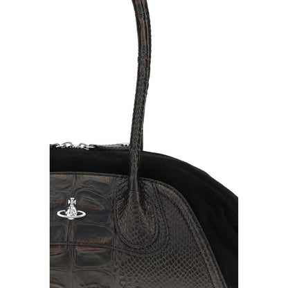 Close-up of Vivienne Westwood Black Calf Leather Bos Taurus Shoulder Bag with Orb detail and crocodile-embossed texture.