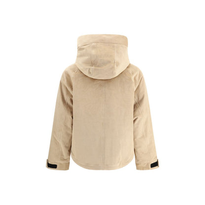 Rear view of Woolrich Beige Cotton Clothing featuring a hooded corduroy jacket with zipper and snaps, ideal for autumn and winter.