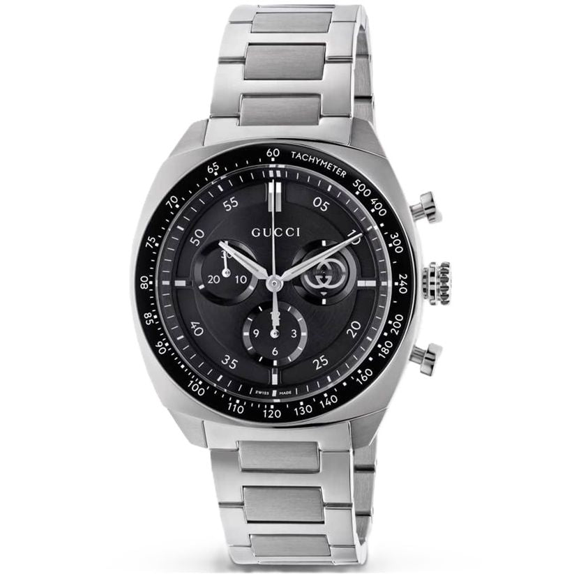 GUCCI Mod. INTERLOCKING stainless steel watch with black dial and tachymeter bezel, luxury timepiece for men and women