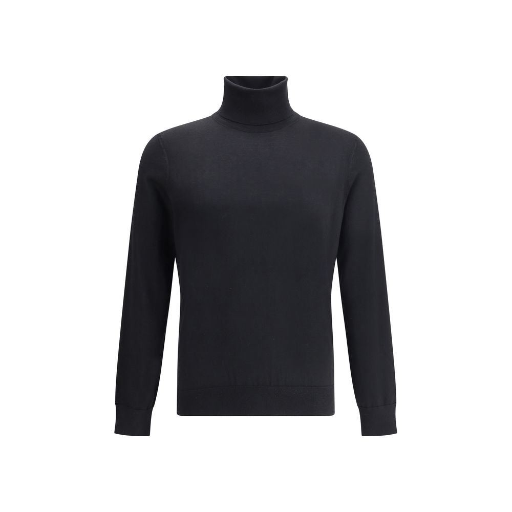 ZEGNA Black Cashmere Turtleneck sweater with high collar, made of fine cashmere and silk, ideal for timeless elegance and comfort.