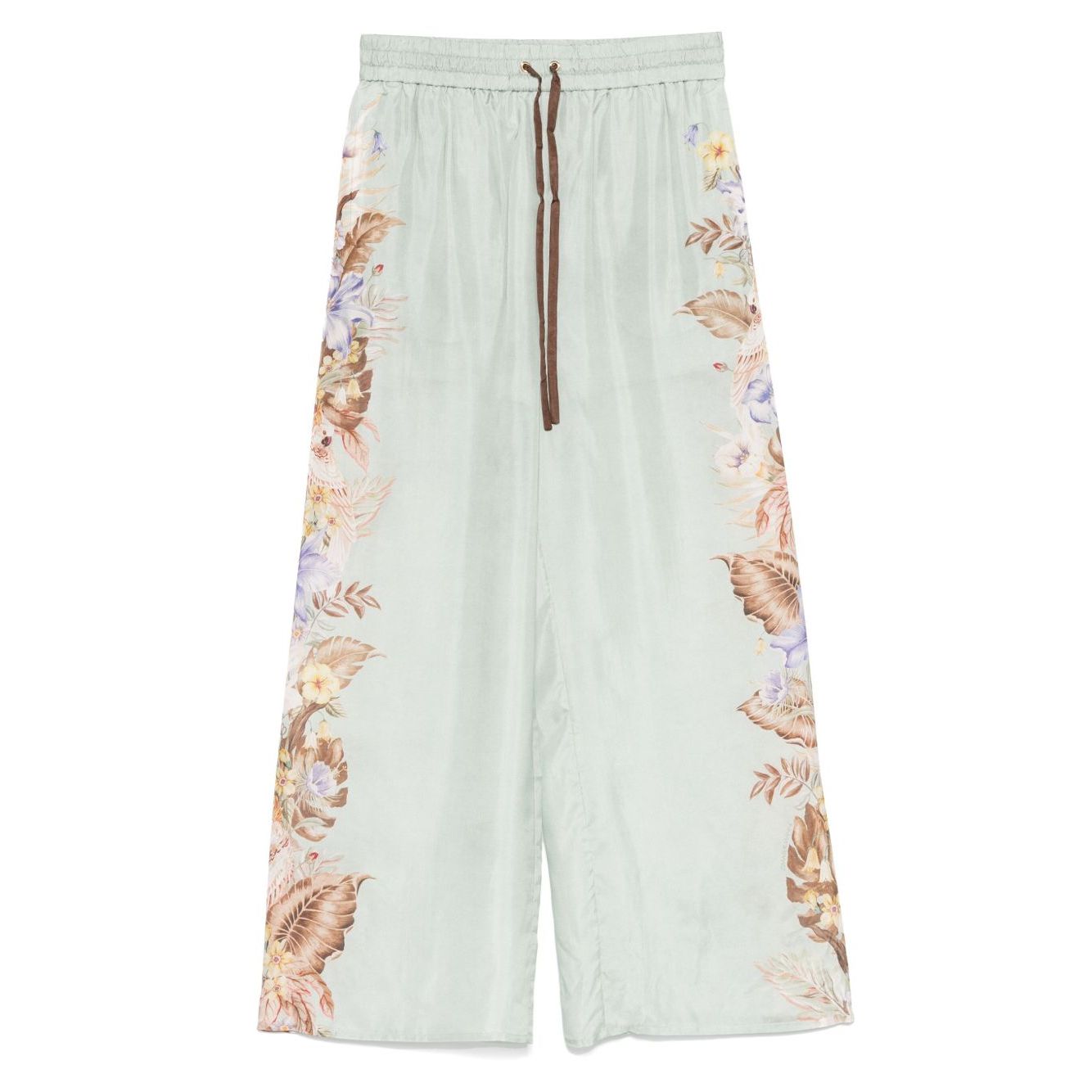 Zimmermann Coco trousers in sage green with floral print, elasticated drawstring waistband, silk fabric, true to size fit.