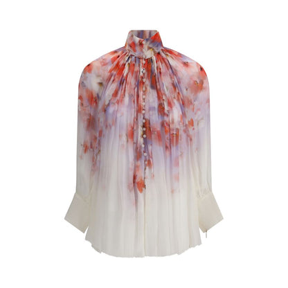 Zimmermann Multicolor Viscose Blouse featuring floral print, button-front closure, semi-sheer design, elegant draped details.