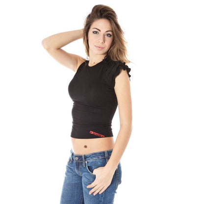 Woman wearing Zuelements Black Lycra Women Top with short sleeves and crew neck, showcasing casual luxury and European chic design.