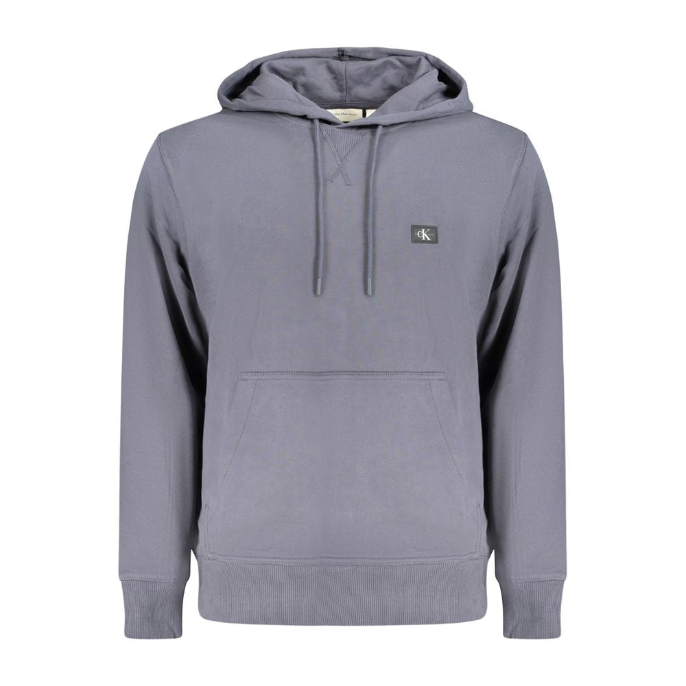 Calvin Klein blue cotton men's hooded sweatshirt with applique logo and front pocket, showcasing timeless casual fashion.