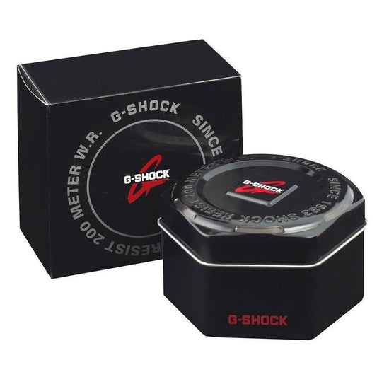 Official packaging for CASIO G-SHOCK G-SQUAD Step Tracker with 20 ATM water resistance, featuring a black box and branded case.